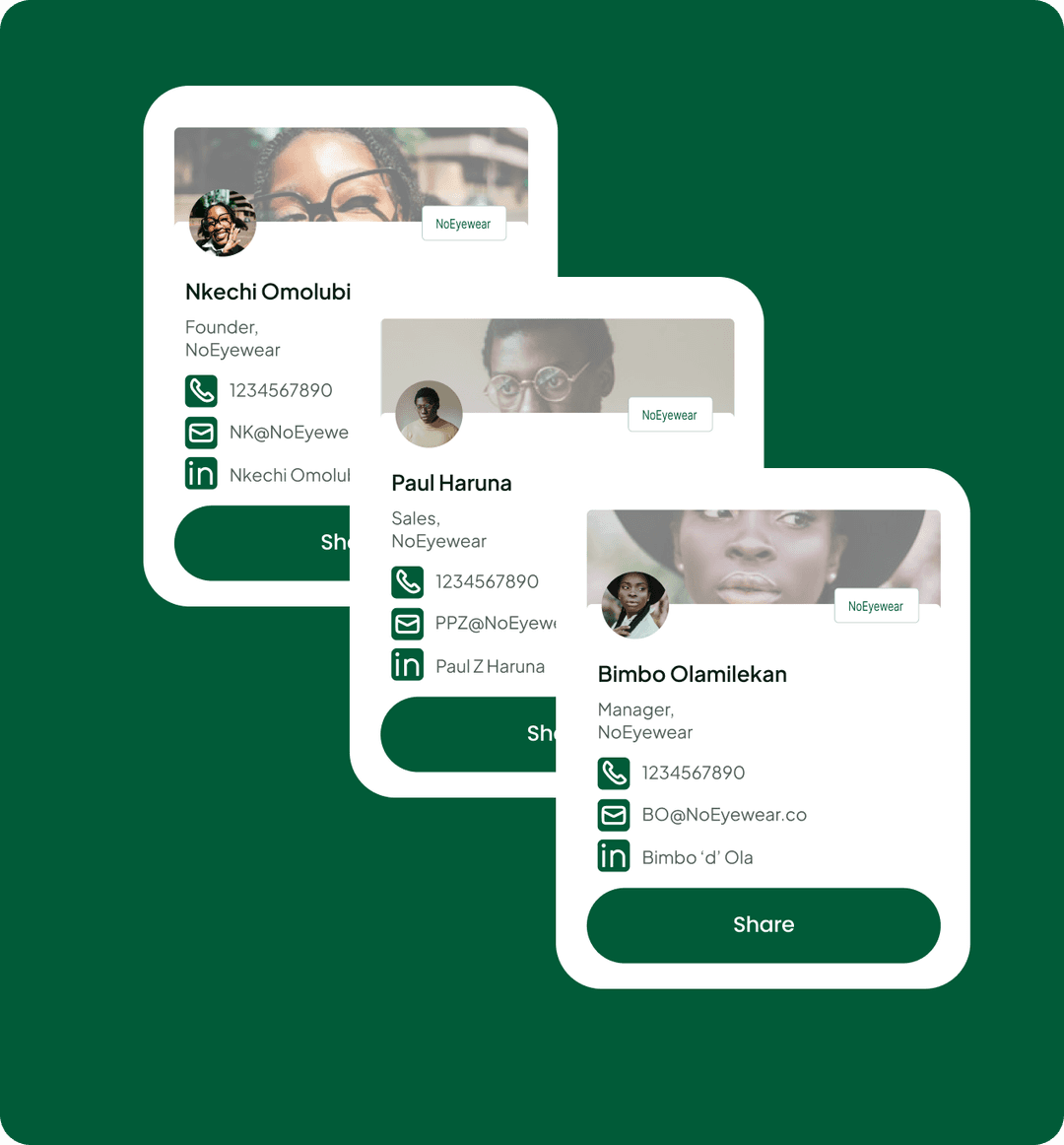 Three overlapping team member profile cards for an enterprise account